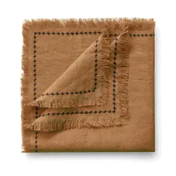 Салфетка из умягченного льна с вышитым кантом и бахромой горчичный, RestoTouch Textile, 45 x 45 см