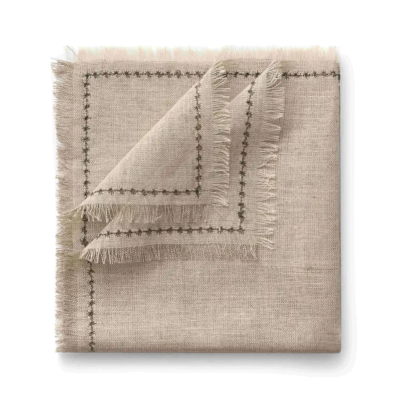 Салфетка из умягченного льна с вышитым кантом и бахромой натуральный, RestoTouch Textile, 45 x 45 см