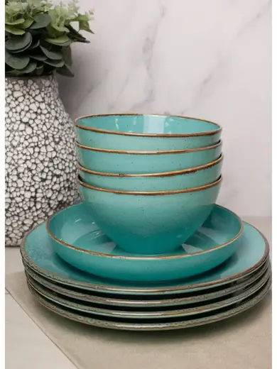 Набор столовой посуды, 9 предметов, Porland Seasons бирюзовый, на 4 персоны (Тарелка 28 см - 4шт; Миска 770 мл - 4 шт; Салатник 830 мл - 1 шт)