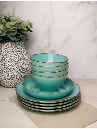 Набор столовой посуды, 9 предметов, Porland Seasons бирюзовый, на 4 персоны (Тарелка 28 см - 4шт; Миска 770 мл - 4 шт; Салатник 830 мл - 1 шт)