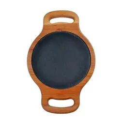 Блюдо для подачи круг. d=15 см. h=1,5 см. черное, сланец, на дерев. подставке с ручками /1/