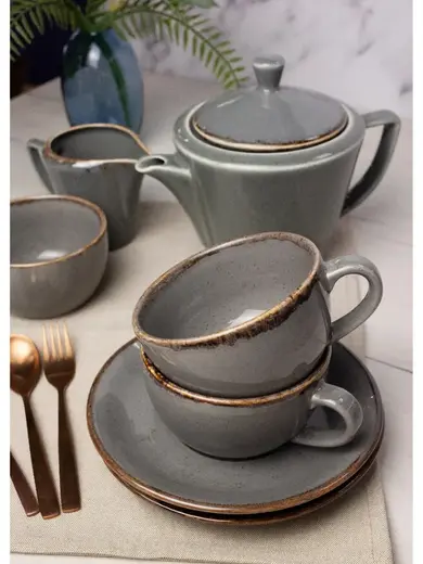 Чайный сервиз Porland Seasons, темно-серый, на 2 персоны (Кружка 200 мл - 2 шт; Блюдце 16 см - 2 шт; Чайник 500 мл - 1 шт; Молочник 150 мл; Сахарница 210 мл)