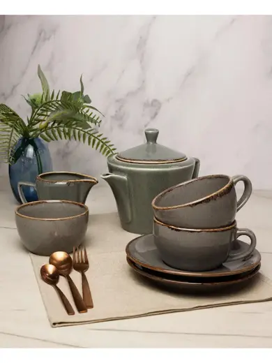 Чайный сервиз Porland Seasons, темно-серый, на 2 персоны (Кружка 200 мл - 2 шт; Блюдце 16 см - 2 шт; Чайник 500 мл - 1 шт; Молочник 150 мл; Сахарница 210 мл)