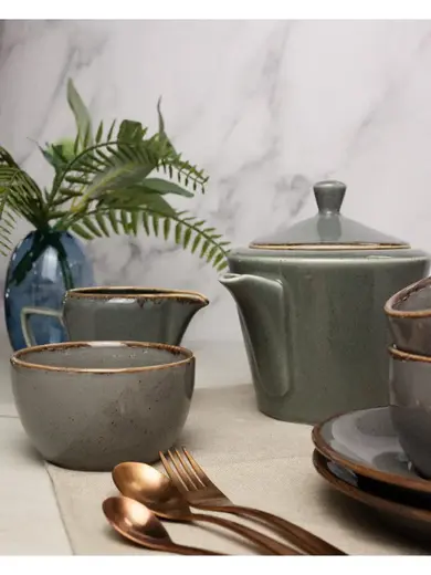 Чайный сервиз Porland Seasons, темно-серый, на 2 персоны (Кружка 200 мл - 2 шт; Блюдце 16 см - 2 шт; Чайник 500 мл - 1 шт; Молочник 150 мл; Сахарница 210 мл)