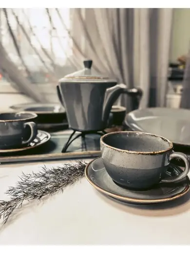 Чайный сервиз Porland Seasons, темно-серый, на 2 персоны (Кружка 200 мл - 2 шт; Блюдце 16 см - 2 шт; Чайник 500 мл - 1 шт; Молочник 150 мл; Сахарница 210 мл)
