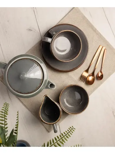 Чайный сервиз Porland Seasons, темно-серый, на 2 персоны (Кружка 200 мл - 2 шт; Блюдце 16 см - 2 шт; Чайник 500 мл - 1 шт; Молочник 150 мл; Сахарница 210 мл)