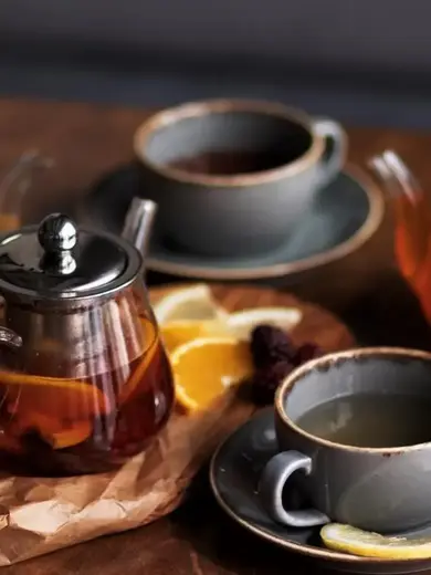 Чайный сервиз Porland Seasons, темно-серый, на 2 персоны (Кружка 200 мл - 2 шт; Блюдце 16 см - 2 шт; Чайник 500 мл - 1 шт; Молочник 150 мл; Сахарница 210 мл)