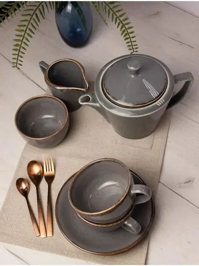 Чайный сервиз Porland Seasons, темно-серый, на 2 персоны (Кружка 200 мл - 2 шт; Блюдце 16 см - 2 шт; Чайник 500 мл - 1 шт; Молочник 150 мл; Сахарница 210 мл)