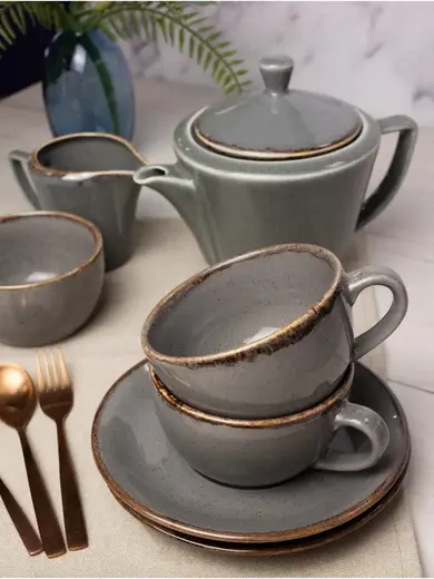 Чайный сервиз Porland Seasons, темно-серый, на 2 персоны (Кружка 200 мл - 2 шт; Блюдце 16 см - 2 шт; Чайник 500 мл - 1 шт; Молочник 150 мл; Сахарница 210 мл)