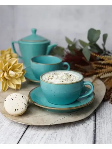 Чайный сервиз Porland Seasons, бирюзовый, на 2 персоны (Кружка 340 мл - 2 шт; Блюдце 16 см - 2 шт; Чайник 500 мл - 1 шт)