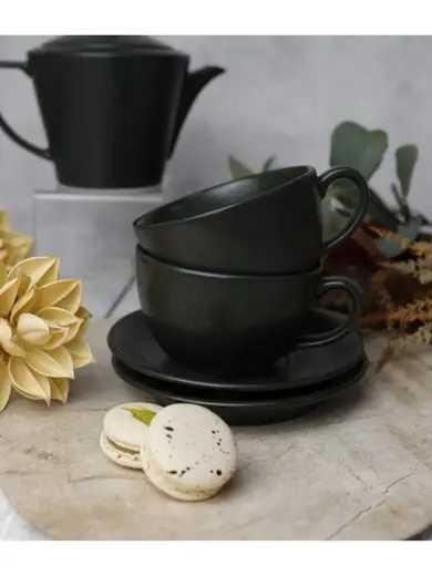 Чайный сервиз Porland Seasons  черный, на 2 персоны (Кружка 340 мл - 2 шт; Блюдце 16 см - 2 шт; Чайник 500 мл - 1 шт)