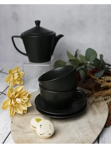 Чайный сервиз Porland Seasons  черный, на 2 персоны (Кружка 340 мл - 2 шт; Блюдце 16 см - 2 шт; Чайник 500 мл - 1 шт)