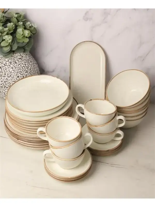 Сервиз Porland Seasons бежевый, 32 предметов, на 6 персон (Салатник 830 мл - 1 шт; Блюдо овальное - 1 шт; Миска 770 мл - 6 шт; Тарелка 28 см - 6 шт; Тарелка 24 см - 6 шт; Кружка 340 мл - 6 шт; Блюдце 16 см - 6 шт)