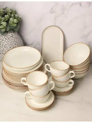 Сервиз Porland Seasons бежевый, 32 предметов, на 6 персон (Салатник 830 мл - 1 шт; Блюдо овальное - 1 шт; Миска 770 мл - 6 шт; Тарелка 28 см - 6 шт; Тарелка 24 см - 6 шт; Кружка 340 мл - 6 шт; Блюдце 16 см - 6 шт)