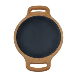 Блюдо для подачи круг. d=20 см. h=1,5 см. черное, сланец, на дерев. подставке с ручками /1/ АКЦИЯ