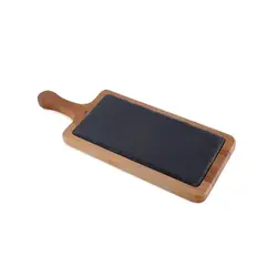 Блюдо для подачи прямоуг. 38*15 см. h=2 см. сланец, на дерев. подставке с ручкой MGprof /1/ АКЦИЯ