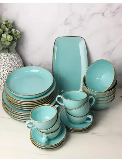 Сервиз Porland Seasons бирюзовый, 32 предметов, на 6 персон (Салатник 830 мл - 1 шт; Блюдо овальное - 1 шт; Миска 770 мл - 6 шт; Тарелка 28 см - 6 шт; Тарелка 24 см - 6 шт; Кружка 340 мл - 6 шт; Блюдце 16 см - 6 шт)