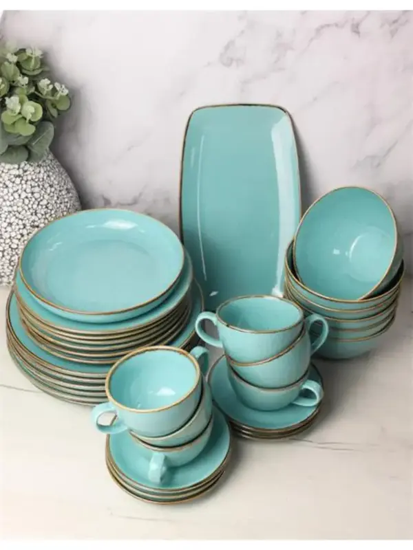 Сервиз Porland Seasons бирюзовый, 32 предметов, на 6 персон (Салатник 830 мл - 1 шт; Блюдо овальное - 1 шт; Миска 770 мл - 6 шт; Тарелка 28 см - 6 шт; Тарелка 24 см - 6 шт; Кружка 340 мл - 6 шт; Блюдце 16 см - 6 шт)