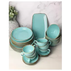 Сервиз Porland Seasons бирюзовый, 32 предметов, на 6 персон (Салатник 830 мл - 1 шт; Блюдо овальное - 1 шт; Миска 770 мл - 6 шт; Тарелка 28 см - 6 шт; Тарелка 24 см - 6 шт; Кружка 340 мл - 6 шт; Блюдце 16 см - 6 шт)