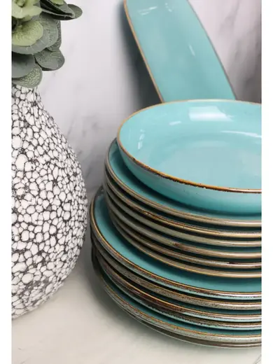 Сервиз Porland Seasons бирюзовый, 32 предметов, на 6 персон (Салатник 830 мл - 1 шт; Блюдо овальное - 1 шт; Миска 770 мл - 6 шт; Тарелка 28 см - 6 шт; Тарелка 24 см - 6 шт; Кружка 340 мл - 6 шт; Блюдце 16 см - 6 шт)