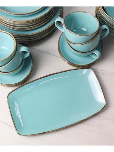 Сервиз Porland Seasons бирюзовый, 32 предметов, на 6 персон (Салатник 830 мл - 1 шт; Блюдо овальное - 1 шт; Миска 770 мл - 6 шт; Тарелка 28 см - 6 шт; Тарелка 24 см - 6 шт; Кружка 340 мл - 6 шт; Блюдце 16 см - 6 шт)