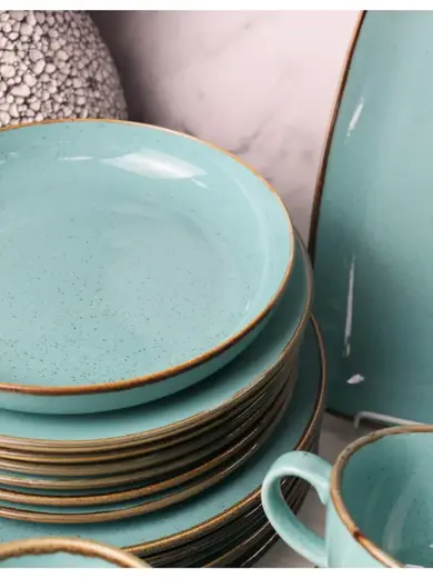 Сервиз Porland Seasons бирюзовый, 32 предметов, на 6 персон (Салатник 830 мл - 1 шт; Блюдо овальное - 1 шт; Миска 770 мл - 6 шт; Тарелка 28 см - 6 шт; Тарелка 24 см - 6 шт; Кружка 340 мл - 6 шт; Блюдце 16 см - 6 шт)