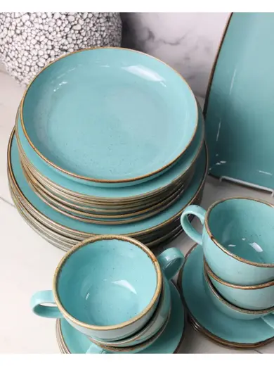 Сервиз Porland Seasons бирюзовый, 32 предметов, на 6 персон (Салатник 830 мл - 1 шт; Блюдо овальное - 1 шт; Миска 770 мл - 6 шт; Тарелка 28 см - 6 шт; Тарелка 24 см - 6 шт; Кружка 340 мл - 6 шт; Блюдце 16 см - 6 шт)