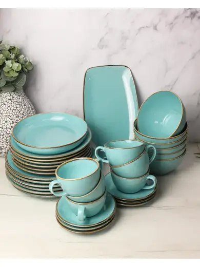 Сервиз Porland Seasons бирюзовый, 32 предметов, на 6 персон (Салатник 830 мл - 1 шт; Блюдо овальное - 1 шт; Миска 770 мл - 6 шт; Тарелка 28 см - 6 шт; Тарелка 24 см - 6 шт; Кружка 340 мл - 6 шт; Блюдце 16 см - 6 шт)