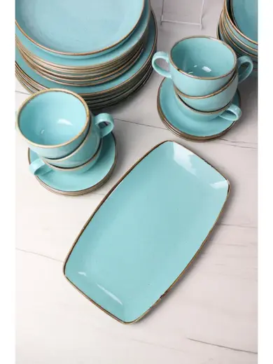 Сервиз Porland Seasons бирюзовый, 32 предметов, на 6 персон (Салатник 830 мл - 1 шт; Блюдо овальное - 1 шт; Миска 770 мл - 6 шт; Тарелка 28 см - 6 шт; Тарелка 24 см - 6 шт; Кружка 340 мл - 6 шт; Блюдце 16 см - 6 шт)