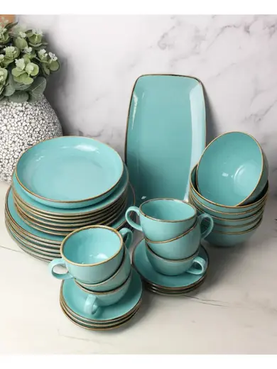 Сервиз Porland Seasons бирюзовый, 32 предметов, на 6 персон (Салатник 830 мл - 1 шт; Блюдо овальное - 1 шт; Миска 770 мл - 6 шт; Тарелка 28 см - 6 шт; Тарелка 24 см - 6 шт; Кружка 340 мл - 6 шт; Блюдце 16 см - 6 шт)