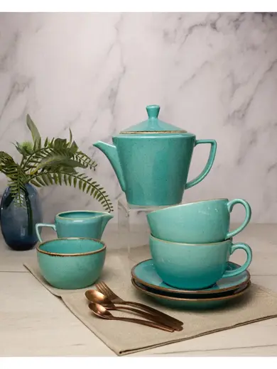 Чайный сервиз Porland Seasons, бирюзовый, на 2 персоны (Кружка 340 мл - 2 шт; Блюдце 16 см - 2 шт; Чайник 500 мл - 1 шт; Молочник 150 мл; Сахарница 210 мл)