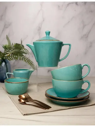 Чайный сервиз Porland Seasons, бирюзовый, на 2 персоны (Кружка 340 мл - 2 шт; Блюдце 16 см - 2 шт; Чайник 500 мл - 1 шт; Молочник 150 мл; Сахарница 210 мл)