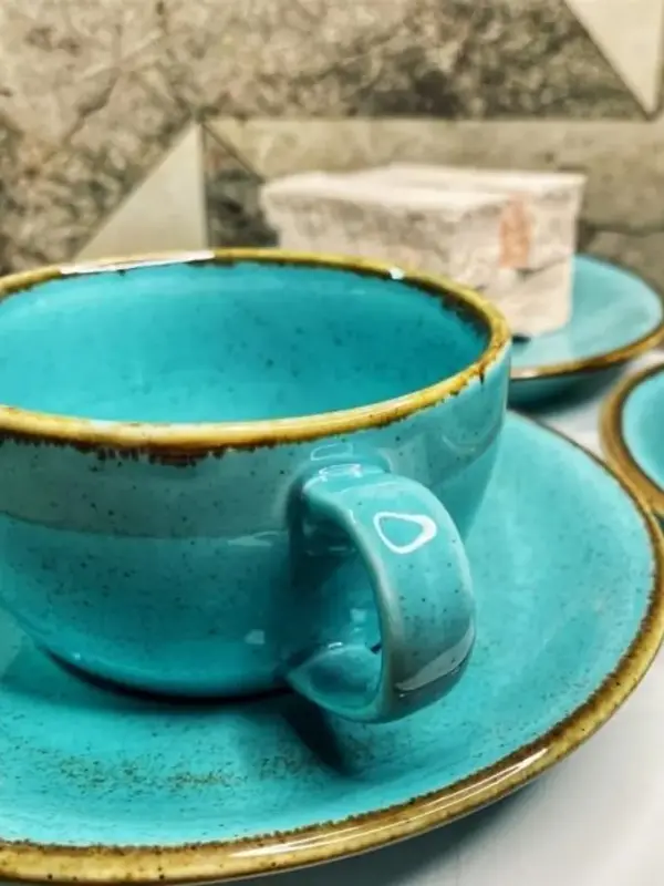 Чайный сервиз Porland Seasons, бирюзовый, на 2 персоны (Кружка 340 мл - 2 шт; Блюдце 16 см - 2 шт; Чайник 500 мл - 1 шт; Молочник 150 мл; Сахарница 210 мл)