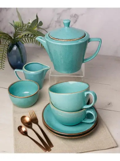 Чайный сервиз Porland Seasons, бирюзовый, на 2 персоны (Кружка 340 мл - 2 шт; Блюдце 16 см - 2 шт; Чайник 500 мл - 1 шт; Молочник 150 мл; Сахарница 210 мл)