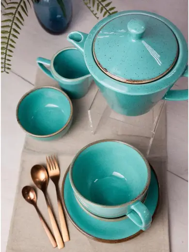 Чайный сервиз Porland Seasons, бирюзовый, на 2 персоны (Кружка 340 мл - 2 шт; Блюдце 16 см - 2 шт; Чайник 500 мл - 1 шт; Молочник 150 мл; Сахарница 210 мл)