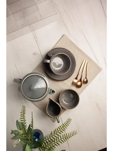 Чайный сервиз Porland Seasons, темно-серый, на 2 персоны (Кружка 340 мл - 2 шт; Блюдце 16 см - 2 шт; Чайник 500 мл - 1 шт; Молочник 150 мл; Сахарница 210 мл)