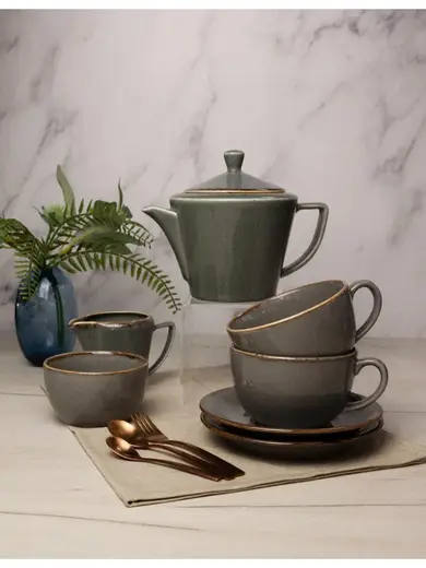 Чайный сервиз Porland Seasons, темно-серый, на 2 персоны (Кружка 340 мл - 2 шт; Блюдце 16 см - 2 шт; Чайник 500 мл - 1 шт; Молочник 150 мл; Сахарница 210 мл)