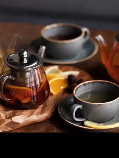 Чайный сервиз Porland Seasons, темно-серый, на 2 персоны (Кружка 340 мл - 2 шт; Блюдце 16 см - 2 шт; Чайник 500 мл - 1 шт; Молочник 150 мл; Сахарница 210 мл)