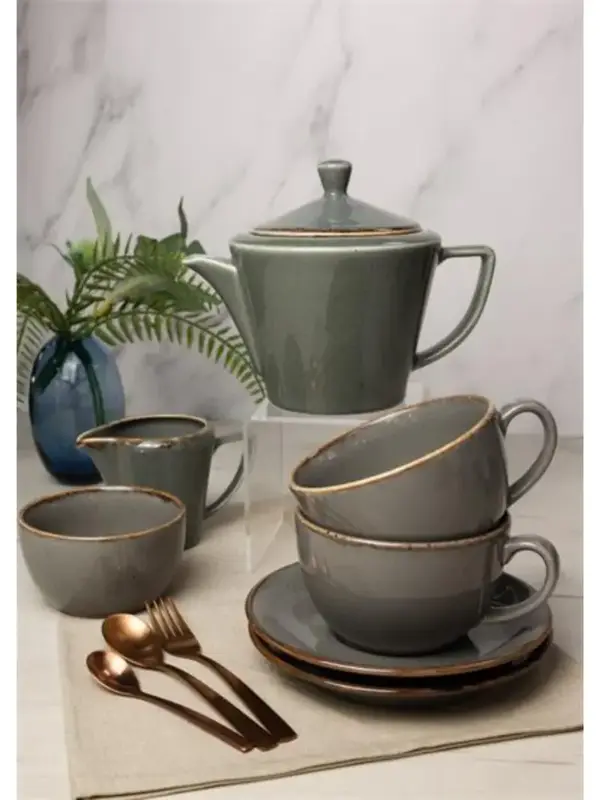 Чайный сервиз Porland Seasons, темно-серый, на 2 персоны (Кружка 340 мл - 2 шт; Блюдце 16 см - 2 шт; Чайник 500 мл - 1 шт; Молочник 150 мл; Сахарница 210 мл)