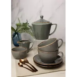 Чайный сервиз Porland Seasons, темно-серый, на 2 персоны (Кружка 340 мл - 2 шт; Блюдце 16 см - 2 шт; Чайник 500 мл - 1 шт; Молочник 150 мл; Сахарница 210 мл)