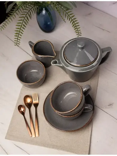 Чайный сервиз Porland Seasons, темно-серый, на 2 персоны (Кружка 340 мл - 2 шт; Блюдце 16 см - 2 шт; Чайник 500 мл - 1 шт; Молочник 150 мл; Сахарница 210 мл)