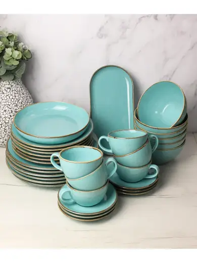 Сервиз Porland Seasons бирюзовый, 32 предметов, на 6 персон (Салатник 830 мл - 1 шт; Блюдо овальное - 1 шт; Миска 770 мл - 6 шт; Тарелка 28 см - 6 шт; Тарелка 24 см - 6 шт; Кружка 340 мл - 6 шт; Блюдце 16 см - 6 шт)