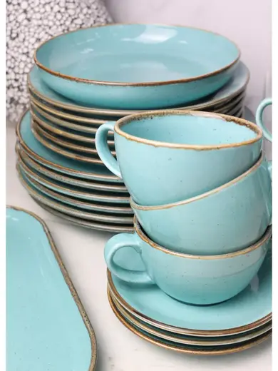 Сервиз Porland Seasons бирюзовый, 32 предметов, на 6 персон (Салатник 830 мл - 1 шт; Блюдо овальное - 1 шт; Миска 770 мл - 6 шт; Тарелка 28 см - 6 шт; Тарелка 24 см - 6 шт; Кружка 340 мл - 6 шт; Блюдце 16 см - 6 шт)