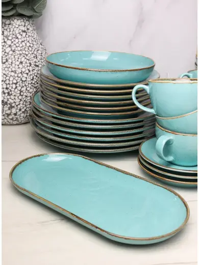 Сервиз Porland Seasons бирюзовый, 32 предметов, на 6 персон (Салатник 830 мл - 1 шт; Блюдо овальное - 1 шт; Миска 770 мл - 6 шт; Тарелка 28 см - 6 шт; Тарелка 24 см - 6 шт; Кружка 340 мл - 6 шт; Блюдце 16 см - 6 шт)