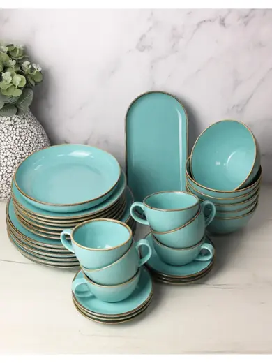 Сервиз Porland Seasons бирюзовый, 32 предметов, на 6 персон (Салатник 830 мл - 1 шт; Блюдо овальное - 1 шт; Миска 770 мл - 6 шт; Тарелка 28 см - 6 шт; Тарелка 24 см - 6 шт; Кружка 340 мл - 6 шт; Блюдце 16 см - 6 шт)