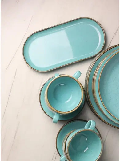 Сервиз Porland Seasons бирюзовый, 32 предметов, на 6 персон (Салатник 830 мл - 1 шт; Блюдо овальное - 1 шт; Миска 770 мл - 6 шт; Тарелка 28 см - 6 шт; Тарелка 24 см - 6 шт; Кружка 340 мл - 6 шт; Блюдце 16 см - 6 шт)