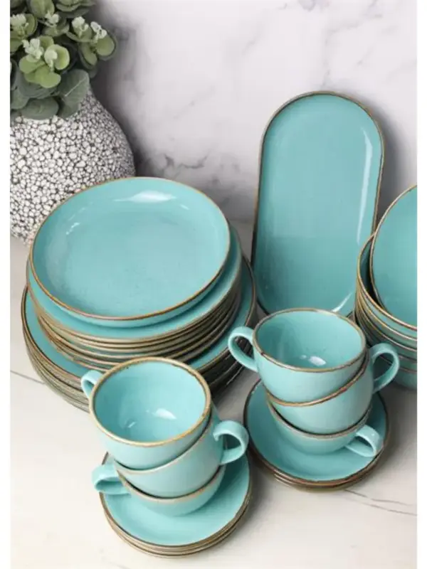 Сервиз Porland Seasons бирюзовый, 32 предметов, на 6 персон (Салатник 830 мл - 1 шт; Блюдо овальное - 1 шт; Миска 770 мл - 6 шт; Тарелка 28 см - 6 шт; Тарелка 24 см - 6 шт; Кружка 340 мл - 6 шт; Блюдце 16 см - 6 шт)