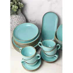 Сервиз Porland Seasons бирюзовый, 32 предметов, на 6 персон (Салатник 830 мл - 1 шт; Блюдо овальное - 1 шт; Миска 770 мл - 6 шт; Тарелка 28 см - 6 шт; Тарелка 24 см - 6 шт; Кружка 340 мл - 6 шт; Блюдце 16 см - 6 шт)