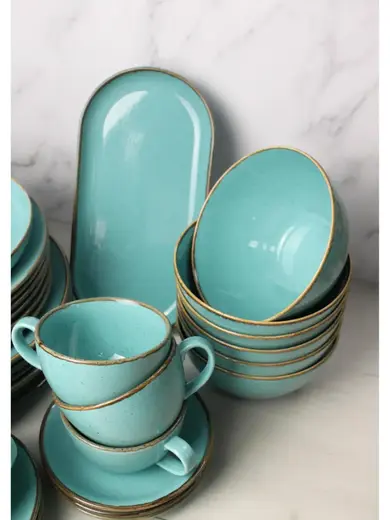 Сервиз Porland Seasons бирюзовый, 32 предметов, на 6 персон (Салатник 830 мл - 1 шт; Блюдо овальное - 1 шт; Миска 770 мл - 6 шт; Тарелка 28 см - 6 шт; Тарелка 24 см - 6 шт; Кружка 340 мл - 6 шт; Блюдце 16 см - 6 шт)