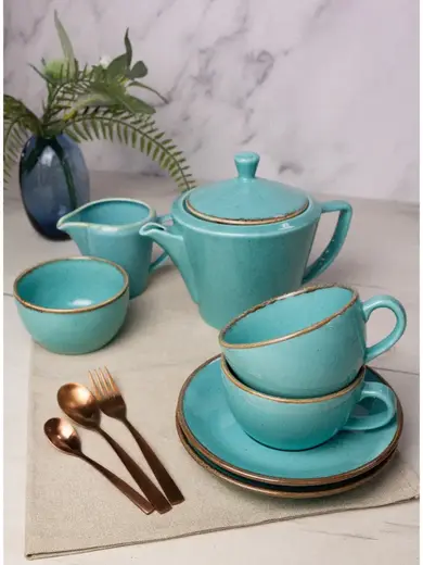 Чайный сервиз Porland Seasons, бирюзовый, на 2 персоны (Кружка 200 мл - 2 шт; Блюдце 16 см - 2 шт; Чайник 500 мл - 1 шт; Молочник 150 мл; Сахарница 210 мл)